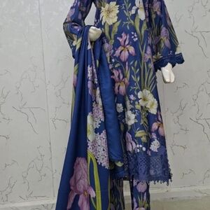 Floral Blue and Purple Dress with Scarf